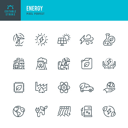 ENERGY - thin line vector icon set. 20 linear icon. Pixel perfect. Editable outline stroke. The set contains icons: Solar Energy, Wind Power, Renewable Energy, Electricity, Hydroelectric Power, Biofuel, Hydrogen, Green Technology.