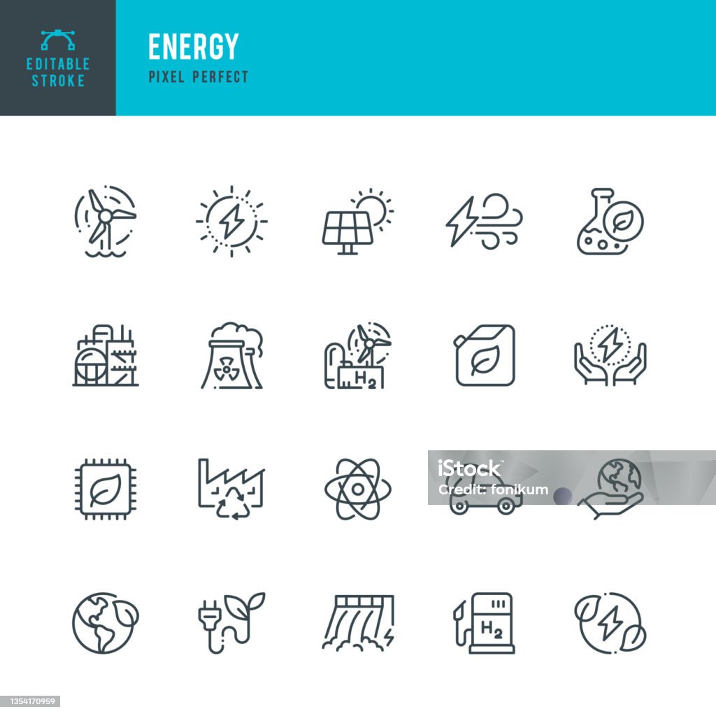 ENERGY - thin line vector icon set. Pixel perfect. Editable stroke. The set contains icons: Solar Energy, Wind Power, Renewable Energy, Hydroelectric Power, Hydrogen, Green Technology. ENERGY - thin line vector icon set. 20 linear icon. Pixel perfect. Editable outline stroke. The set contains icons: Solar Energy, Wind Power, Renewable Energy, Electricity, Hydroelectric Power, Biofuel, Hydrogen, Green Technology. Icon stock vector