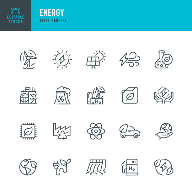 ENERGY - thin line vector icon set. Pixel perfect. Editable stroke. The set contains icons: Solar Energy, Wind Power, Renewable Energy, Hydroelectric Power, Hydrogen, Green Technology. ENERGY - thin line vector icon set. 20 linear icon. Pixel perfect. Editable outline stroke. The set contains icons: Solar Energy, Wind Power, Renewable Energy, Electricity, Hydroelectric Power, Biofuel, Hydrogen, Green Technology. environment symbols stock illustrations
