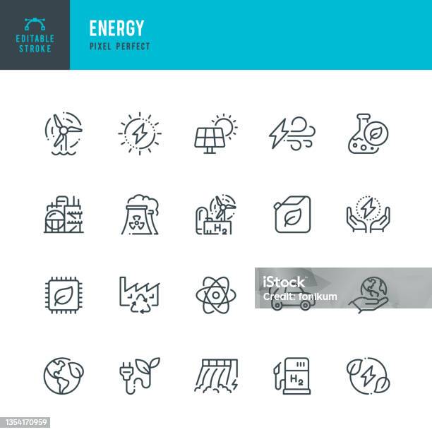 Energy Thin Line Vector Icon Set Pixel Perfect Editable Stroke The Set Contains Icons Solar Energy Wind Power Renewable Energy Hydroelectric Power Hydrogen Green Technology Stock Illustration - Download Image Now