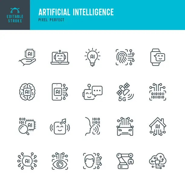 Vector illustration of Artificial Intelligence - thin line vector icon set. Pixel perfect. Editable stroke. The set contains icons: Artificial Intelligence, Robot, Virtual Assistant, Autopilot, Cloud Computing, Machine Vision.