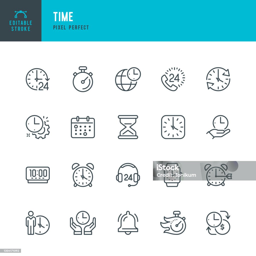 TIME - zestaw ikon wektora cienkiej linii. Piksel idealny. Edytowalny obrys. Zestaw zawiera ikony: Czas, Zegar, Budzik, Klepsydra, Stoper, Timer, Smart Watch, Strefa czasowa. - Grafika wektorowa royalty-free (Ikona)