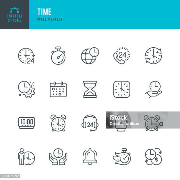 Time Zestaw Ikon Wektora Cienkiej Linii Piksel Idealny Edytowalny Obrys Zestaw Zawiera Ikony Czas Zegar Budzik Klepsydra Stoper Timer Smart Watch Strefa Czasowa - Stockowe grafiki wektorowe i więcej obrazów Ikona
