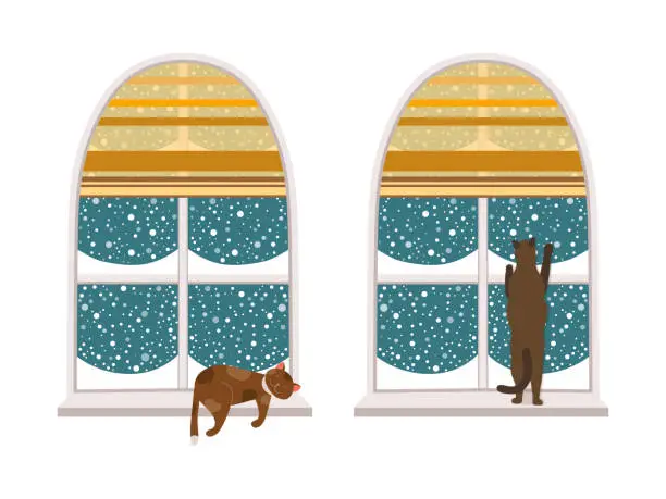 Vector illustration of Winter Cats Looking at Window on Snowfall