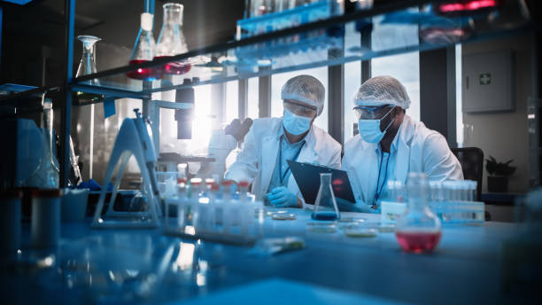 istock Modern Medical Research Laboratory: Two Scientists Wearing Face Masks use Microscope, Analyse Sample in Petri Dish, Discuss Innovative Technology. Advanced Scientific Lab for Medicine, Biotechnology 1354171845
