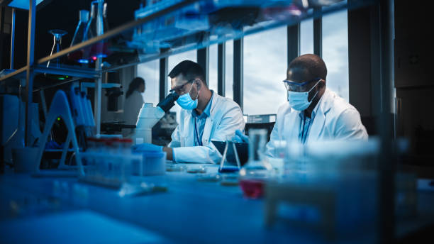 istock Modern Medical Research Laboratory: Two Scientists Wearing Face Masks use Microscope, Analyse Sample in Petri Dish, Talk. Advanced Scientific Lab for Medicine, Biotechnology. Blue Color 1354171850