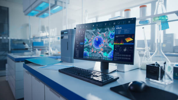 istock Modern Medical Research Laboratory with Computer Showing Virus Genome Research Software. Scientific Laboratory Biotechnology Development Center Full of High-Tech Equipment. 1354171877