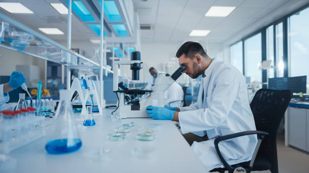 istock Modern Medical Research Laboratory: Male Scientist Working with Microscope, Analysing Biochemicals Samples. Advanced Scientific Lab for Medicine, Microbiology Development. 1354172437