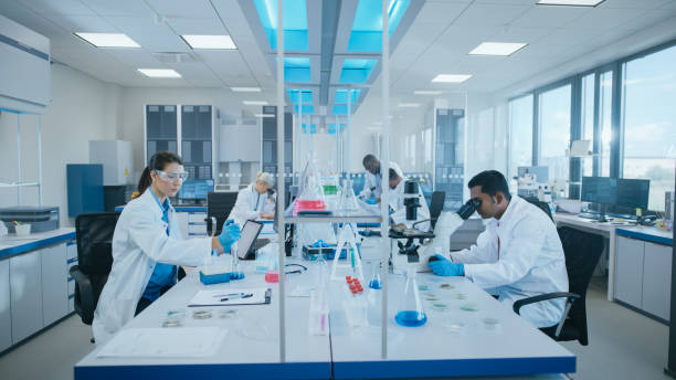 istock Modern Medical Research Laboratory: Diverse Team of Scientists Working Using Microscope, Analysing Biochemicals Samples. Scientific Lab for Medicine, Microbiology Development. Advanced Equipment 1354172441