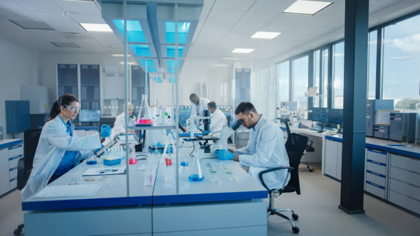 istock Modern Medical Research Laboratory: Diverse Team of Scientists Working Using Microscope, Analysing Microbiology Samples. Scientific Lab for Medicine, Biotechnology Development. Advanced Equipment 1354172455