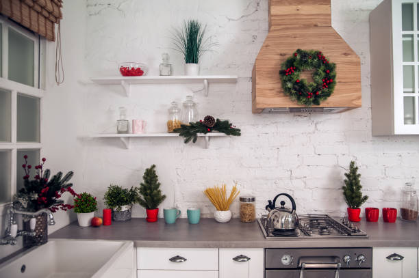 istock Kitchen decor for Christmas, New Year. Kitchen details, place for text. 1354173350