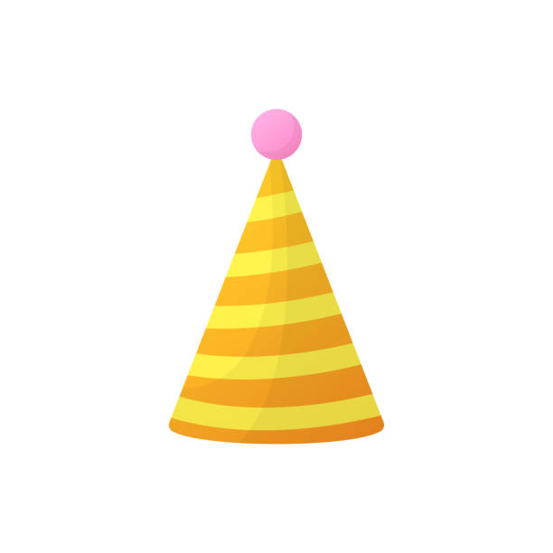 ilustrações de stock, clip art, desenhos animados e ícones de yellow birthday party hat illustration. holiday decoration on white background. colorful funny cartoon cone cap for celebration anniversary, christmas, birthday. isolated vector - party hat birthday confetti streamer