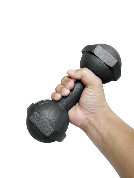 istock Hand holding dumbbell isolated on white background 1354175175
