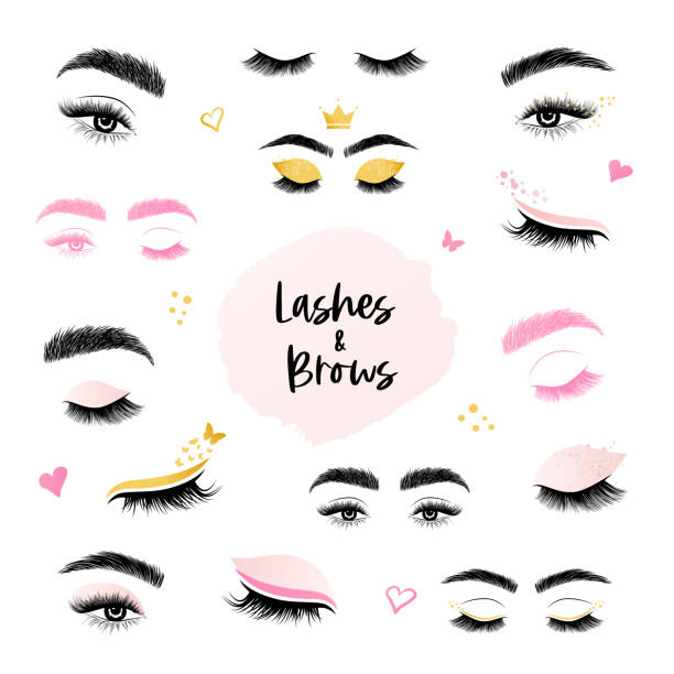 ilustraciones, imágenes clip art, dibujos animados e iconos de stock de elementos de pestañas y cejas para redes sociales, banners. iconos para estudio de belleza - raised eyebrows illustrations