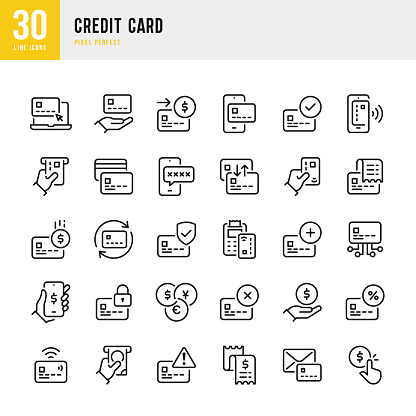 Credit Card - thin line icon set. Vector illustration. 30 linear icon. Pixel perfect. The set contains icons: Credit Card, Bank Account, Contactless Payment, ATM, Bank Statement, Cash Back, Electronic Banking, Mobile Payment.