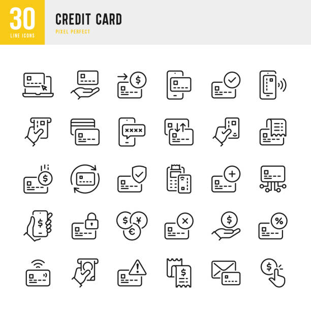 Credit Card - thin line icon set. Vector illustration. Pixel perfect. The set contains icons: Credit Card, Bank Account, Contactless Payment, ATM, Bank Statement, Cash Back. Credit Card - thin line icon set. Vector illustration. 30 linear icon. Pixel perfect. The set contains icons: Credit Card, Bank Account, Contactless Payment, ATM, Bank Statement, Cash Back, Electronic Banking, Mobile Payment. credit stock illustrations