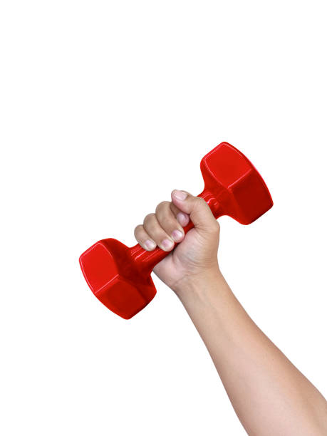 istock Hand holding dumbbell isolated on white background 1354175378