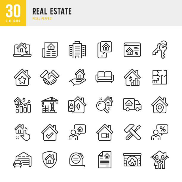stockillustraties, clipart, cartoons en iconen met real estate - thin line icon set. vector illustration. pixel perfect. the set contains icons: house, real estate insurance, real estate agent, house key, domestic life, real estate construction, relocation. - huis