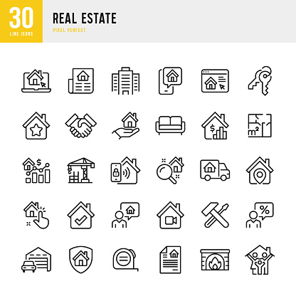 Real Estate - thin line icon set. Vector illustration. 30 linear icon. Pixel perfect. The set contains icons: Real Estate, House, Real Estate Insurance, Young family at home, Real Estate Agent, House Key, Domestic Life, Real Estate Construction, Relocation, Fireplace.