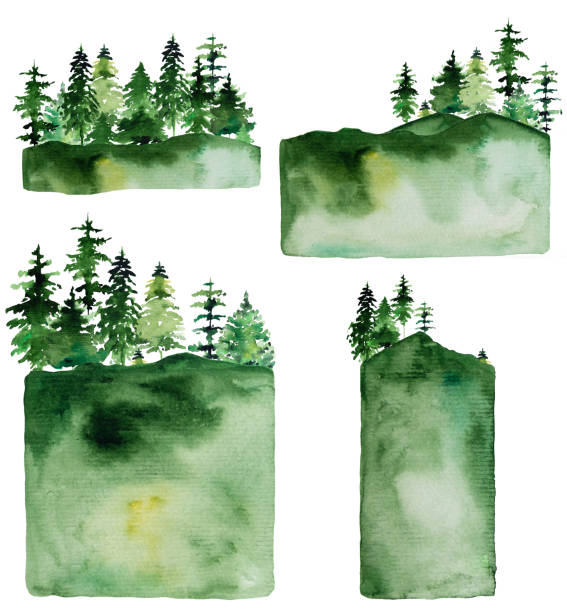 Winter Christmas Watercolor with green coniferous trees landscape Winter Christmas Watercolor with green coniferous trees landscape isolated december clipart pictures stock illustrations