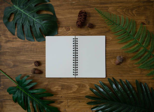 istock Backdrop of Blank open white paper notebook, tropical summer plants on wooden background. Flat lay with copy space banner 1354176442