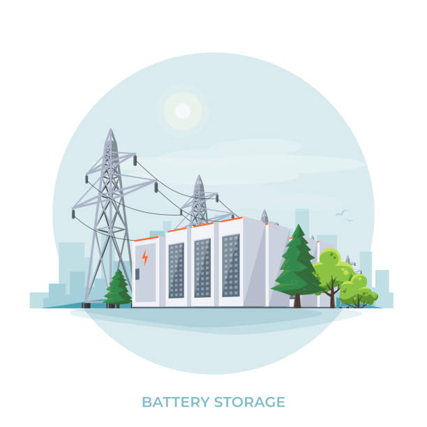 Battery energy storage with transmission grid pylons Rechargeable battery energy storage stationary for renewable power plant with high voltage electricity distribution transmission grid pylons. Isolated vector illustration on white background. battery storage stock illustrations
