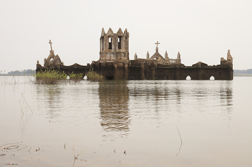 The Rosary Catholic church built by the French in 1860s in Shetti halli is seen submerged in the Hemavati river and is a tourist hotspot during Monsoon in Hassan, India.