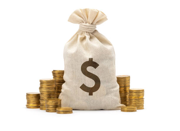 Money bag with dollar sign and stack of coins Money bag with dollar sign and stack of coins. isolated on white background. bag of coins stock pictures, royalty-free photos & images