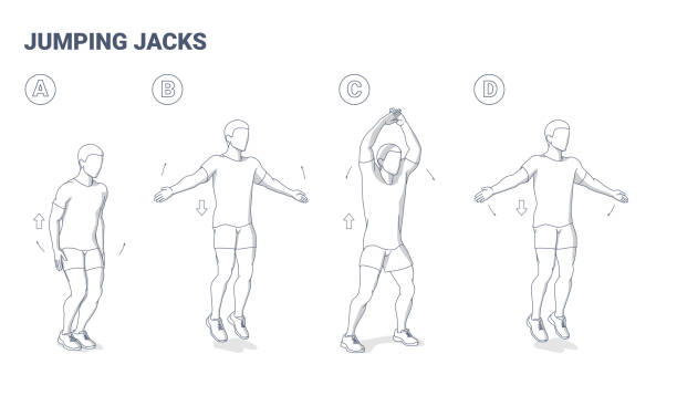 Jumping Jacks Home Men Workout Exercise. Star Jumps Fitness Vector Guidance To Shed Pounds Jumping Jacks Home Man Workout Exercise Diagram. Star Jumps Fitness Vector Illustration. A Fitness Junkie Guy in Sportswear Does the Side Straddle Hop Sequentially Guidance To shed pounds. jumping jacks stock illustrations