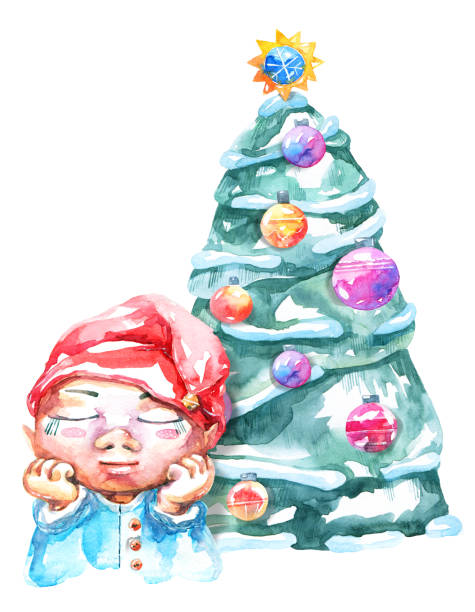 elf chłopiec i choinka - christmas christmas tree snow illustration and painting stock illustrations