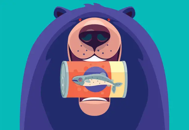 Vector illustration of bear biting can of salmon