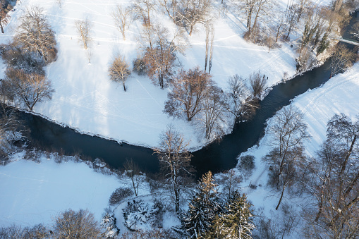 Aerial view of the snow landscape in Goethe Park, Weimar, Germany