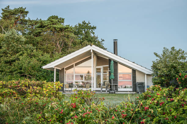 uma casa de verão com uma fachada de vidro em um pequeno gramado atrás de alguns quadris grandes rosas - denmark house cottage rural scene - fotografias e filmes do acervo