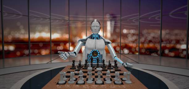 Glass Room Robot Chessboard First Chess Move White humanoid robot with the first chess move. 3d illustration. computer chess stock pictures, royalty-free photos & images