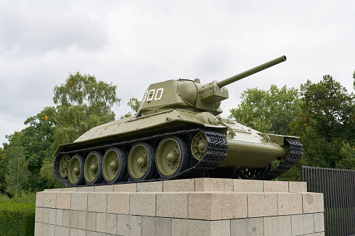 Tank as part of the Soviet memorial in the Tiergarten district of Berlin. The memorial was erected in 1945 to honor the soldiers of the Red Army who died in the Second World War.