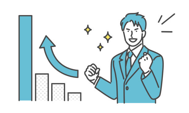 ilustraciones, imágenes clip art, dibujos animados e iconos de stock de gráfico ascendente y hombre de traje - siguiente nivel expresión