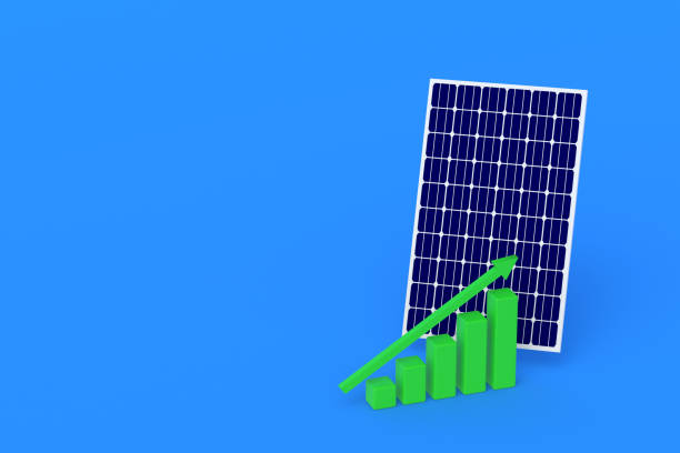Solar panel near graph. Positive growth dynamics, construction of ecological power plants. Photovoltaic elements sales report. Increasing popularity of green energy. Copy space. 3d render