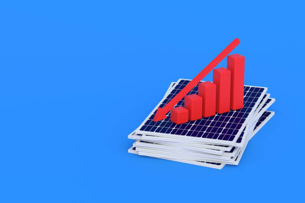 istock Heap of solar panels near graph. Negative growth dynamics, construction of ecological power plants. Loss, photovoltaic elements sales report. Falling popularity of green energy. Copy space. 3d render 1354189291