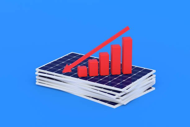 istock Heap of solar panels near graph. Negative growth dynamics, construction of ecological power plants. Loss, photovoltaic elements sales report. Falling popularity of green energy. 3d render 1354189292