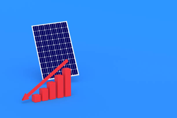 Solar panel near graph. Negative growth dynamics, construction of ecological power plants. Loss, photovoltaic elements sales report. Falling popularity of green energy. Copy space. 3d render