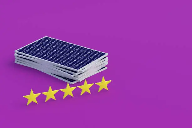 Photo of Heap of solar panels near five stars of rating on velvet violet background. Good reviews about the manufacturer of photovoltaic cells. Great demand for green energy. excellent quality. 3d render