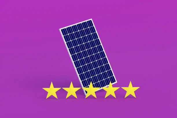 Photo of Solar panel near five stars of rating on velvet violet background. Good reviews about the manufacturer of photovoltaic cells. Great demand for clean, green energy. excellent quality. 3d render