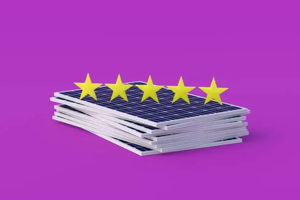 Photo of Heap of solar panels near five stars of rating on velvet violet background. Good reviews about the manufacturer of photovoltaic cells. Great demand for green energy. excellent quality. 3d render