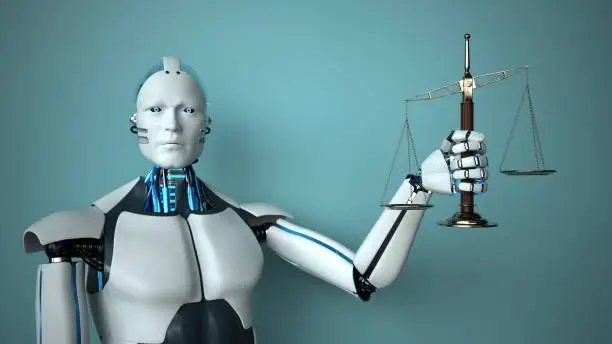 Humanoid robot holds the scales of justice. 3d illustration.