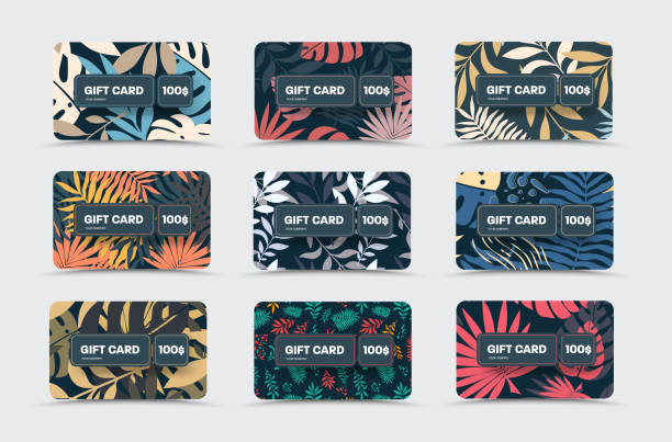 Mockup vector gift cards over black background with tropical design, jungle. design vector gift cards over black background with tropical , jungle. Template for greeting covers, certificates with palms,monsters,abstract elements. Set of branded vouchers with exotic twigs gift certificate stock illustrations