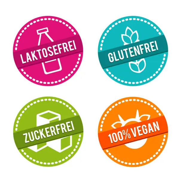 Vector illustration of Vector symbols Vegan, Gluten-free, Lactose-free and Sugar-free.