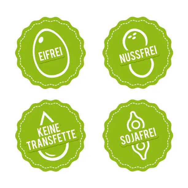 Vector illustration of Vector symbols egg-free, nut-free, soy-free and no trans fats.