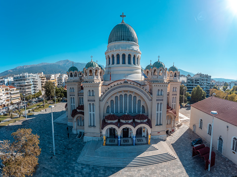 Aerial panoramic photo of the cathedral of Agios Andreas - Saint Andrew and the city of Patras