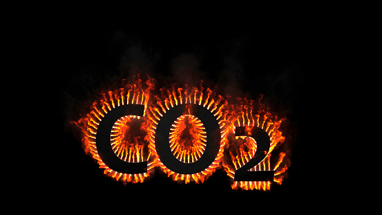CO2 emissions, ecology concept. CO2 text in fire on black background. Flames of fire going out from letters. 3D Rendering.