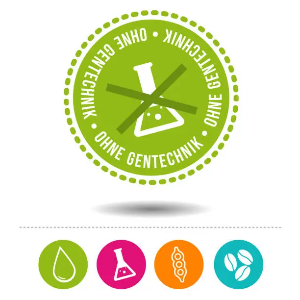 Vector illustration of Without genetic engineering seal and nutrition icons.